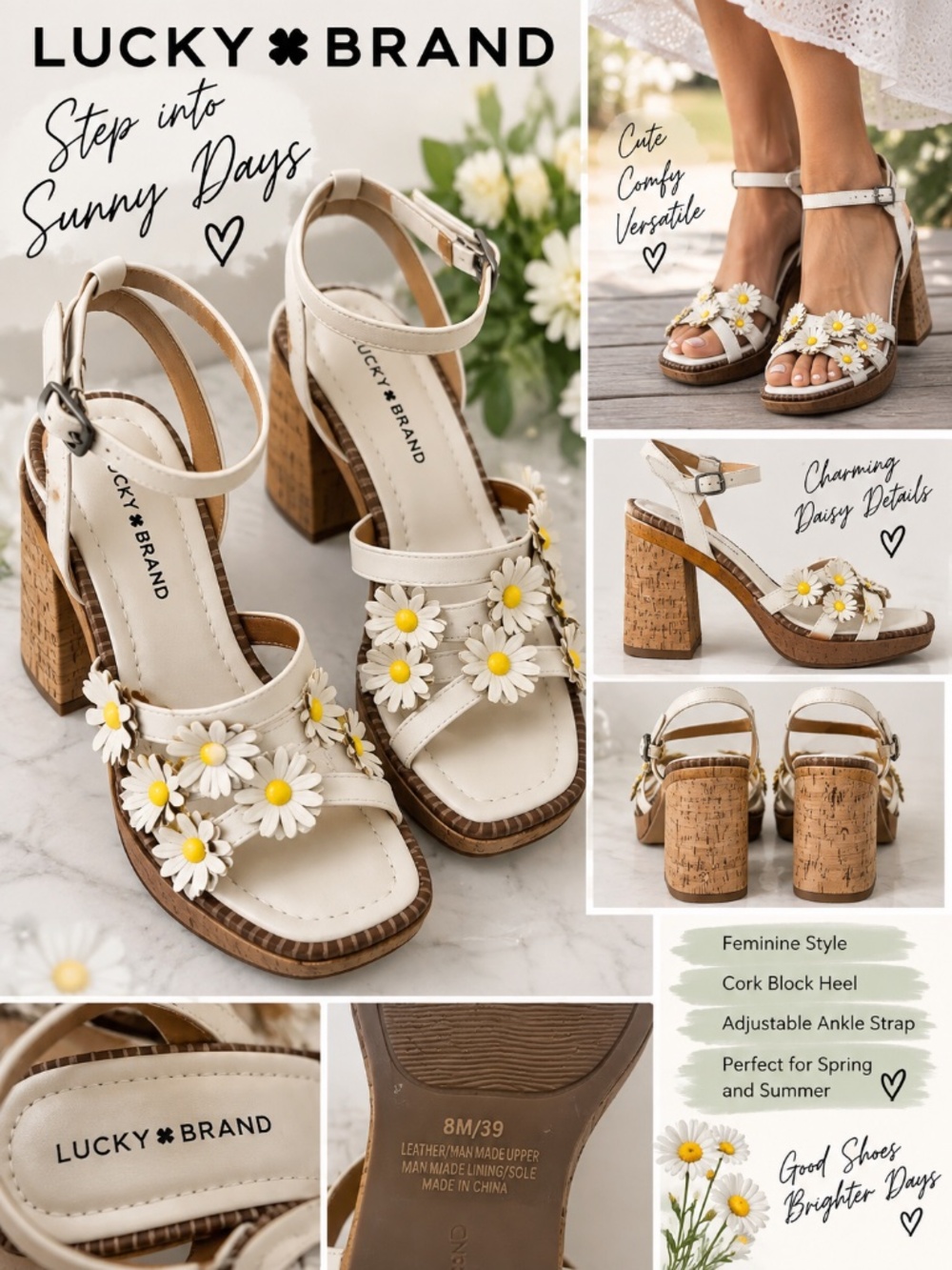 Lucky Brand Daisy Cork Heel Sandals – Size 8M / 39